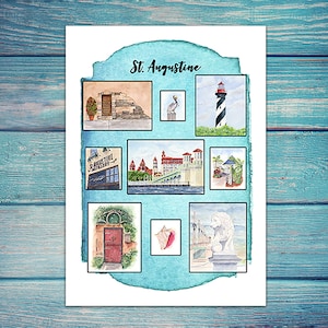 St. Augustine Collage Watercolor Print, Florida Coastal Wall Art, Travel Keepsake