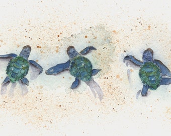 Baby Sea Turtles Watercolor Print, Kids Room Turtle Art, Coastal Wildlife Wall Decor, Beach House Art