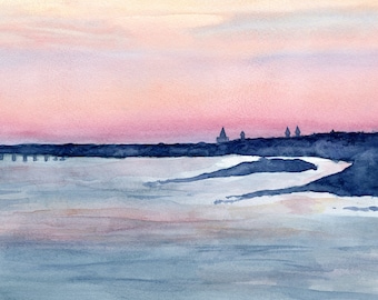 Impresión de acuarela: Atardecer desde el puente Vilano, arte abstracto costero, vista histórica de San Agustín, acuarela del atardecer
