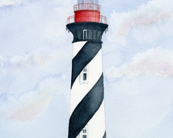 St. Augustine Lighthouse Watercolor Print, Coastal Wall Art