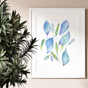 Watercolor Print Blue Green Leaves , Colorful Leaf Painting, Minimalist ...