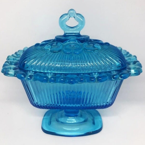 Vintage Indiana Glas Old Colony Blue Aqua Sockel Kompott Bonbon Schale Spitze MCM