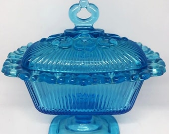 Vintage Indiana Glas Old Colony Blue Aqua Sockel Kompott Bonbon Schale Spitze MCM