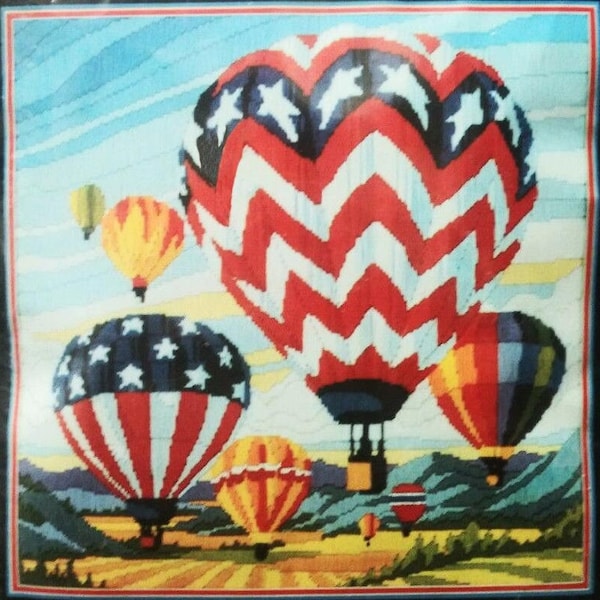 RARE Vintage Patriotic Hot Air Balloon Longstich America Needlepoint Reinardy
