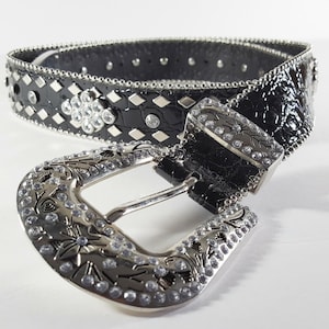 Western Rhinestone Studded Belt Cowgirl Rodeo Pageant Bling Buckle Black Leather