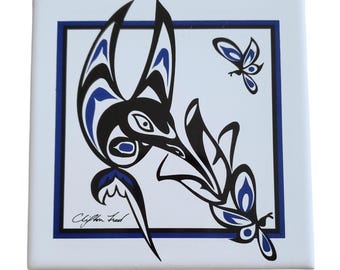 クリフトン・フレッド トリンギット族 北西海岸先住民 タイル製鍋敷き ハチドリ レア ヴィンテージ