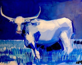 Blue Longhorn Paper Print