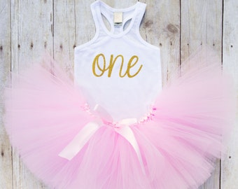 Pink and Gold First Birthday Outfit...Pink and Gold Tutu...Birthday Girl Tank Top...First Birthday Girl Outfit...One Year Old Birthday Tutu
