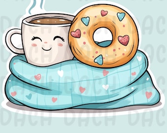 May include: A cartoon illustration of a cup of coffee and a doughnut with pink and blue sprinkles, both nestled in a blue blanket with white and pink hearts.