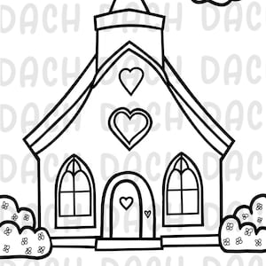 May include: A black and white line drawing of a church with a cross on top. The church has two windows and a door with hearts on them. The text "God's Love Grows Here" is written below the church.