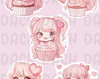 Kawaii Girl Cupcake Sticker Sheet (PNG)