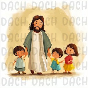 Puede incluir: Una pintura de Jesucristo caminando con tres niños. Jesús lleva una túnica blanca con una prenda exterior azul. Los niños llevan ropa colorida. El fondo es de color amarillo claro.