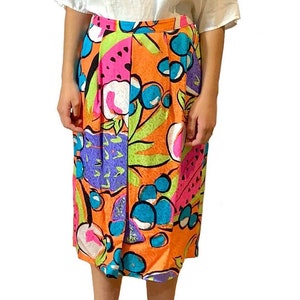 80s designer Flora Kung vibrant print floral silk skirt size m medium