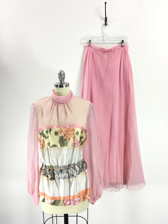 Vintage 1970s Pink Floral Chiffon Maxi Set Vintage