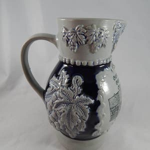 Vintage German Stoneware Wine Jug Pitcher - Cobalt Blue, Large 1 Litre Size, Western Germany