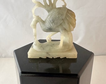 Beautiful Hand Made Vintage Miniature Chinese Stone Carving with Heron and Lotus Flowers, Highly Detailed