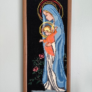Lovely Vintage Framed Needlepoint Portrait of Madonna and Child. Circa 1960s