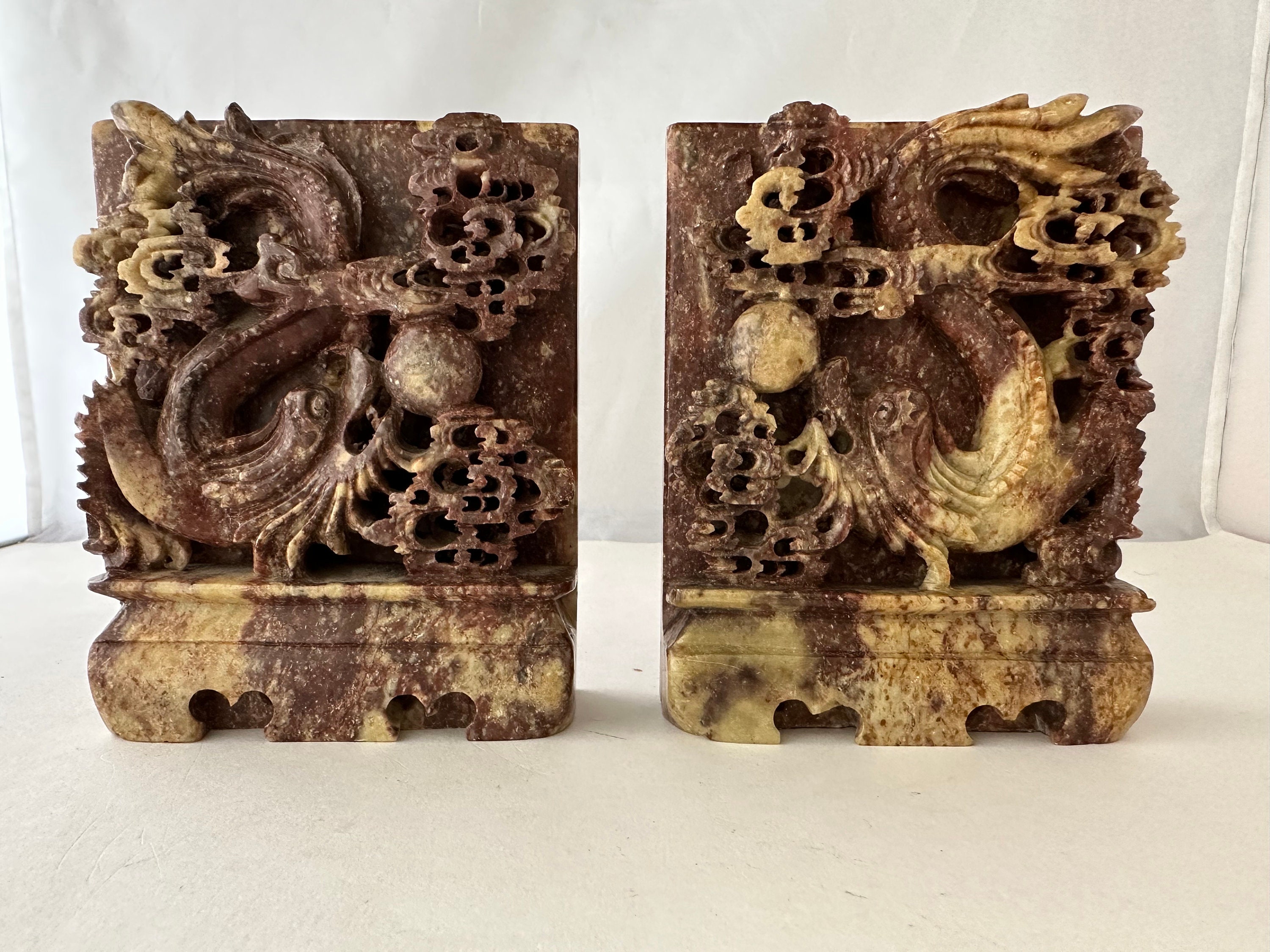 Vintage Chinese Soapstone Block Bookend or Sculpture Carving Flowers  Flowerpot