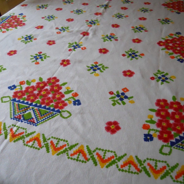 Mantel de lino Rectangular vintage con cestas de flores, colores vibrantes primaria - Circa 1960s-1970s