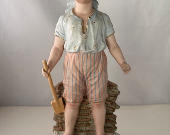 Outstanding and Rare Large Antique Bisque Porcelain Child Figurine, Boy at the Seaside, by Gebruder Heubach, Germany - Circa 1880s