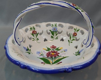 Vintage Old World Style Hand Painted Porcelain Floral Basket, Made in Portugal