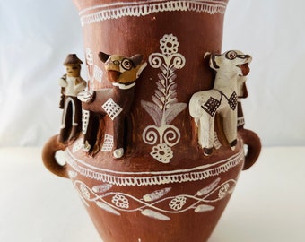 Large Vintage Pottery Peruvian Folk Art Figural Vase - Handcrafted Clay, Made in Peru