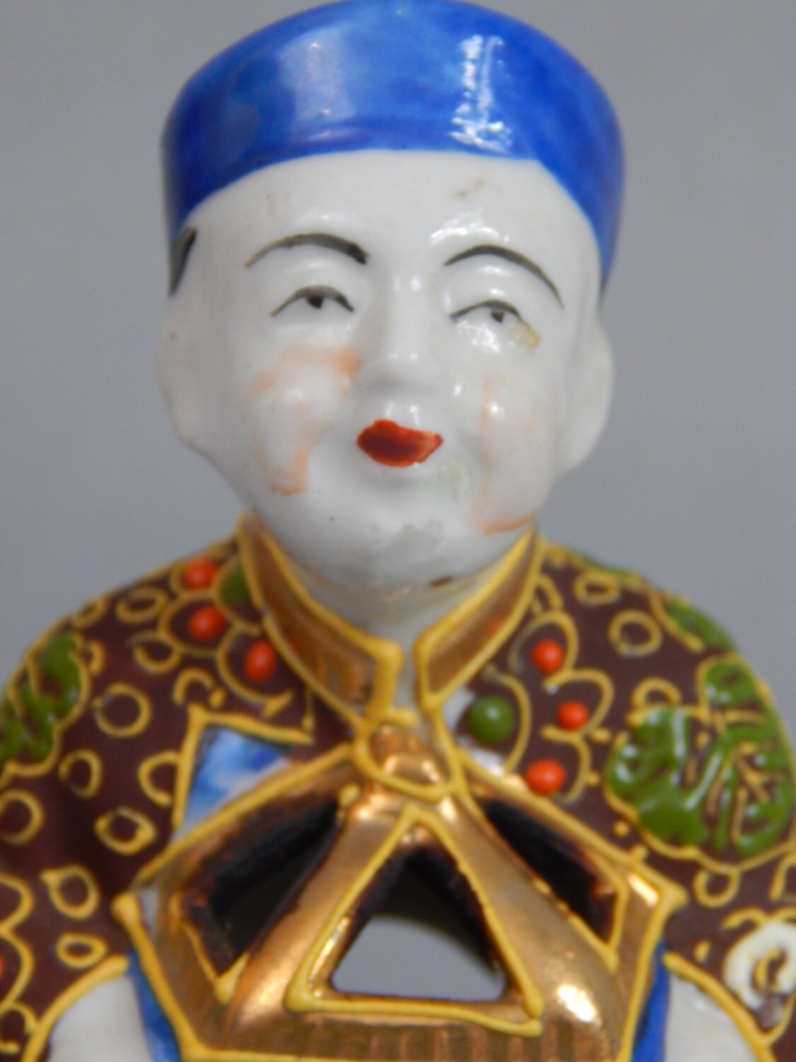 Occupied Japan Figural Incense Burner, Circa 1940s, Satsuma Style Moriage Seated Asian