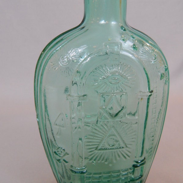 Vintage Aqua Green Glass Eagle Reproduction Masonic Bottle Circa 1960s