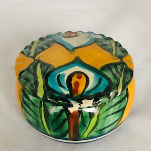 Beautiful Vintage Mexican Folk Art Talavera Calla Lily Lidded Box - Handcrafted Clay, Polychrome Glazing, Signed T. Ruth
