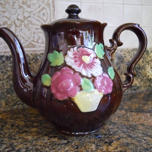 Gorgeous and Unusual Vintage Japanese Redware Teapot, 1950s, Roses, Flowers