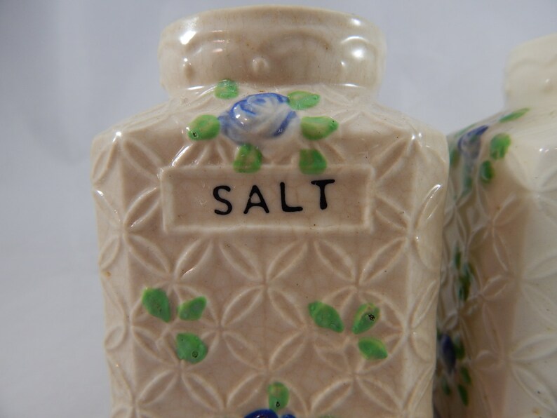 Charming Vintage Pair Ceramic Cottage Style Salt and Pepper Shakers Basket Weave with Flowers Circa 1930s 1940s