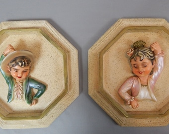 Darling Large Pair of Vintage Spanish Children  - Spain Chalkware Wall Plaques Circa 1940s - 1950s, Mid Century