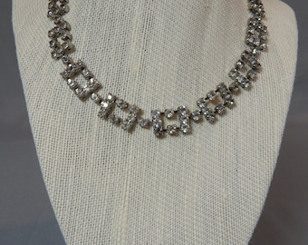 Vintage Rectangle Station Rhinestone Choker Style Necklace - Bridal, Crystal, Prom, Wedding, Circa 1980s