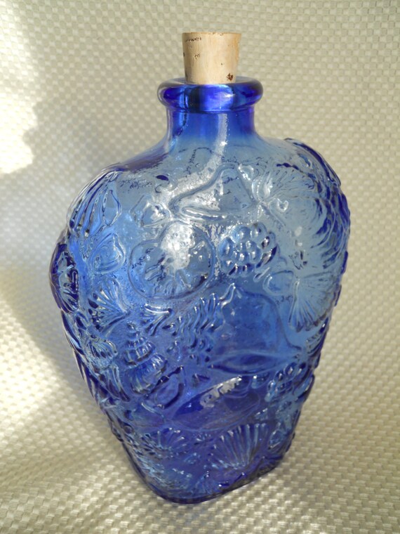 Vintage Cobalt Blue Glass Bottle with Embossed Sea Etsy