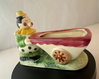 Charming Vintage Clown with Cart or Wheelbarrow - Vibrant and Fun Polychrome Figural Mini Planter, Pre WWII Japan