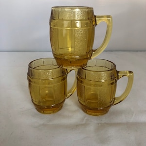 Set of Three Vintage Mid-Century Collectible Mini Beer Barrel Shot Glasses - Amber Glass, Circa 1960s, Hazel Atlas