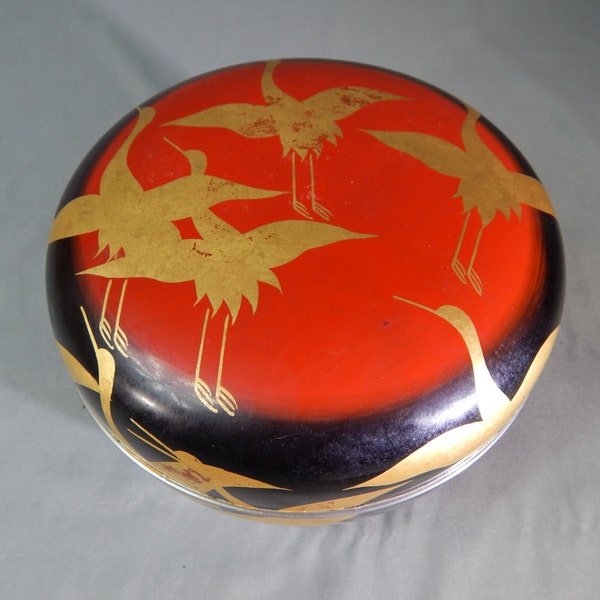 Vintage Japanese Lacquer Ware Box with Gold Cranes - Japan Lacquerware, Bento Box, Rice Box