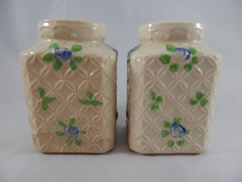 Charming Vintage Pair Ceramic Cottage Style Salt and Pepper Shakers Basket Weave with Flowers Circa 1930s 1940s