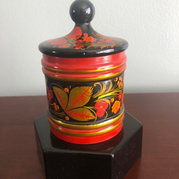 Vintage Black Lacquer Khokhloma Lidded Box, Jar - Hand made in Russia