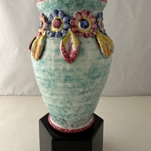 Beautiful Vintage Italian Art Pottery Vase with Applied Leaves - Handcrafted, Polychrome Glazing, Circa 1950s, Made in Italy