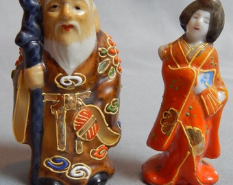 Gorgeous Pair of Antique Miniature Japanese Kutani Figurines, Circa 1920s, Satsuma Style Moriage, Marked Kutani