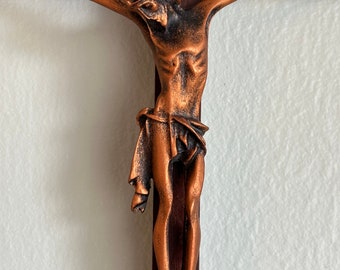 Large 12 Inch Vintage Walnut Wood Wall Crucifix, Copper Toned Corpus