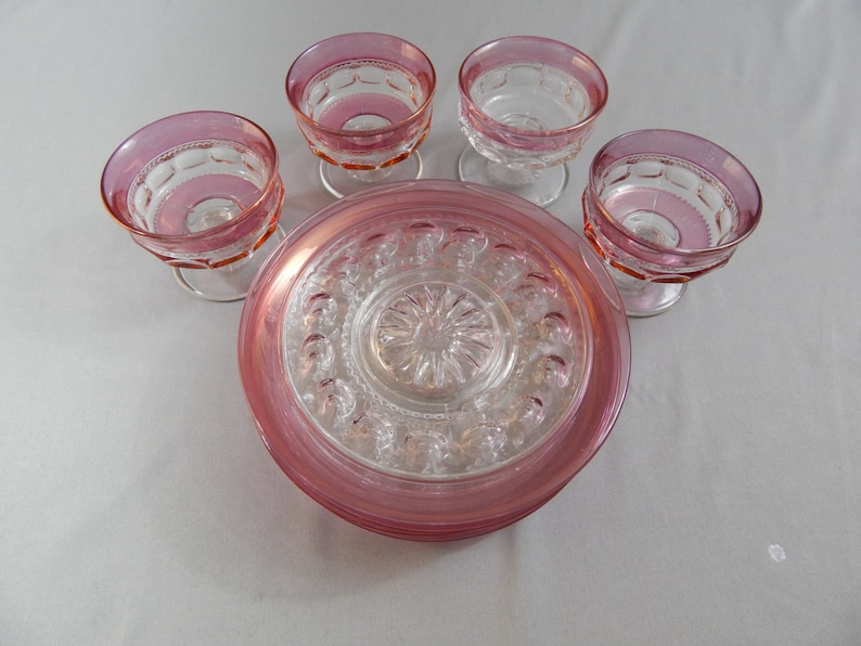 Set of 8 Pieces Vintage Pressed Glass Dessert Set, Mid Century, 1950s