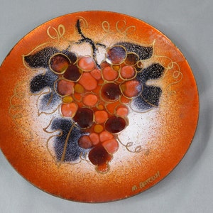 Beautiful Heavy Vintage Margaret Ratcliff Russet Copper Enamel Dish, Grapes, Signed M. Ratcliff, Circa 1960s