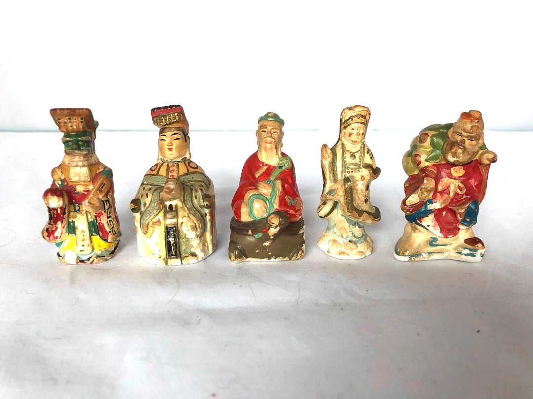 Set of Five Vintage Chinese Imperial Chalkware Chess Pieces, Figurines ...