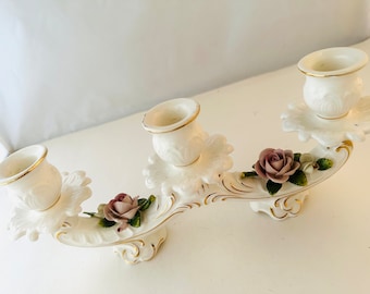 Vintage Dainty Porcelain Rose Candle Holder, Candelabra, KSK, Kämmer and Kramer, Germany