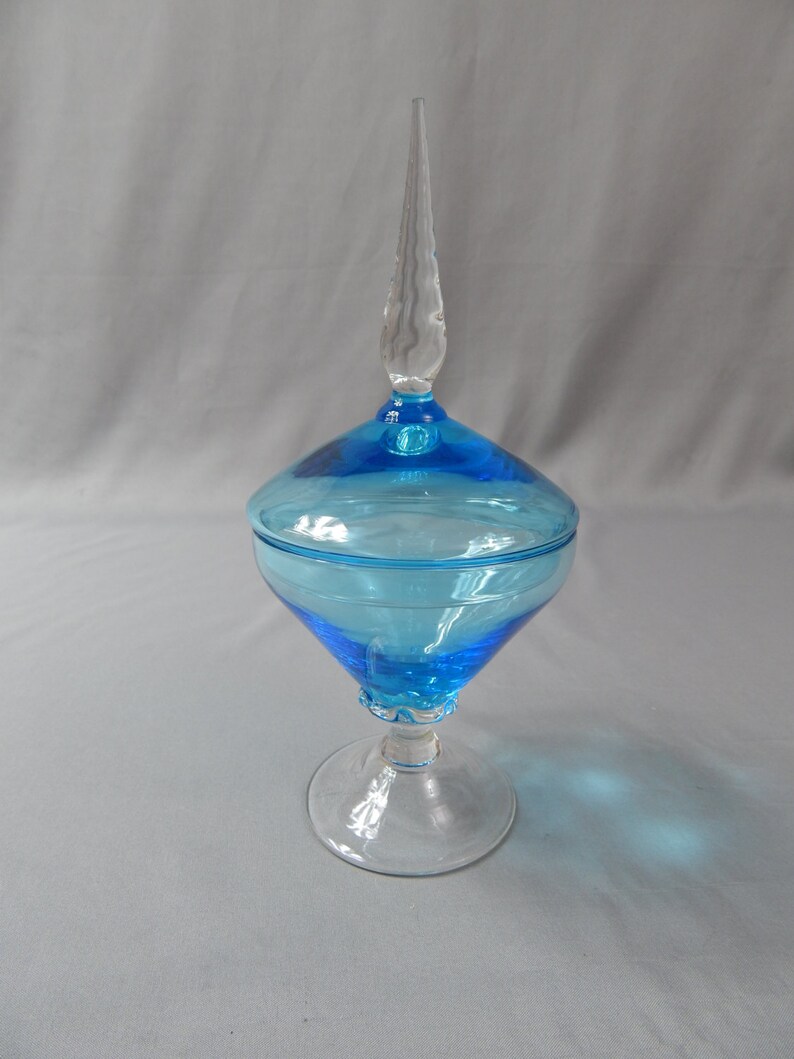 Outstanding Glass Pedestal Lidded Candy Jar, Turquoise Blue, Pontil