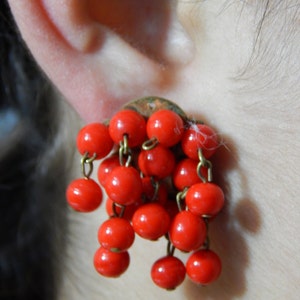 Fresh and Fruity Cherry Red Cha-Cha Shimmy Earrings, Circa 1950s - 1960s