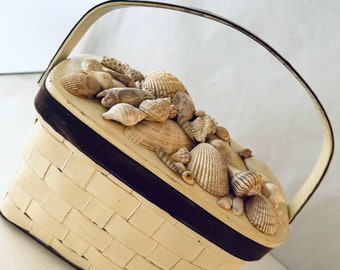 Beautiful Vintage Sea Shells Decoupage Box or Basket Purse, Fabric Lined - Circa 1960s - 1970s