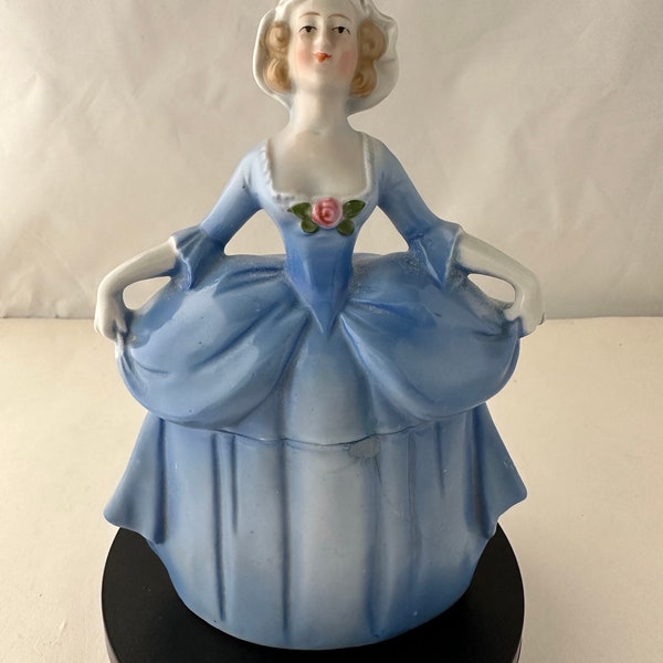 Lovely Antique Half-Doll German Bisque Porcelain Powder Box, Circa 1920s, As-Is with Repair